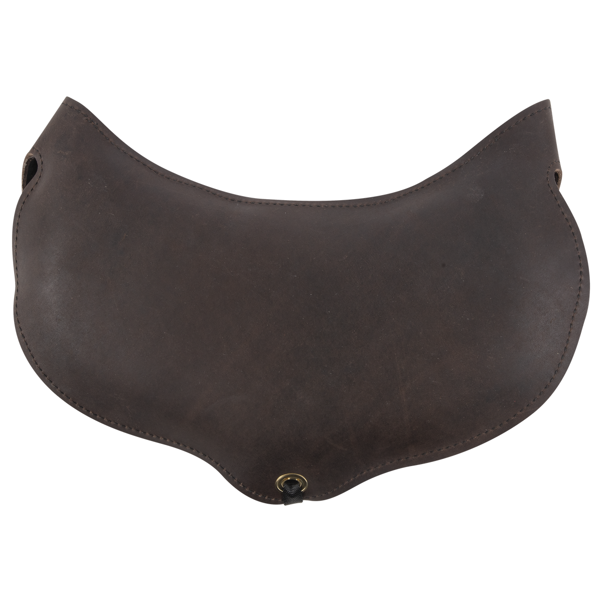 Leather seat shrinker, seen from above. The dark chap leather pad is shaped to the cantle, with a grommet at the center of the front edge.