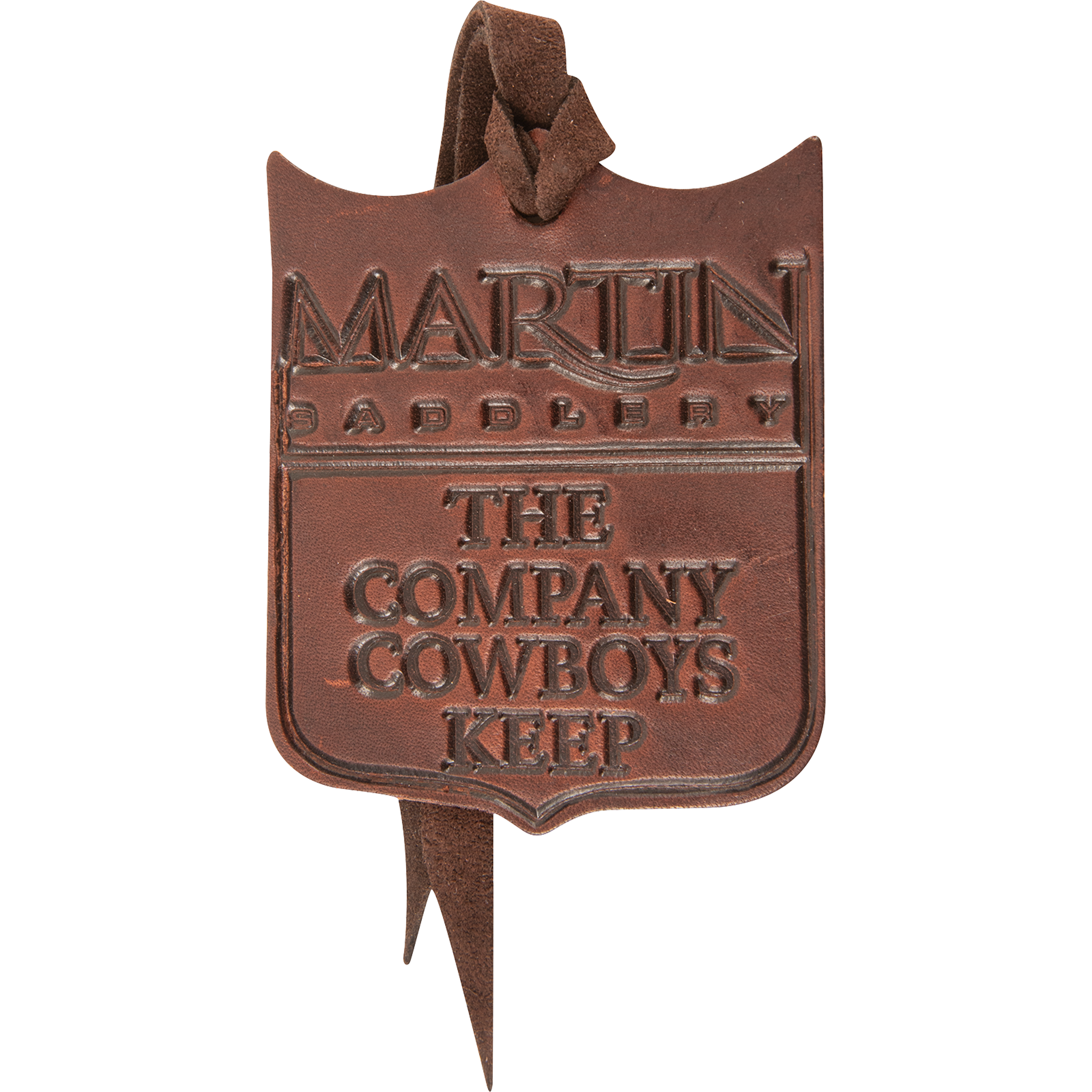 Leather air freshener, seen from the front. The brown shield shaped leather is stamped with the Martin Saddlery name and the words The Company Cowboys Keep, with a leather hanging tie.