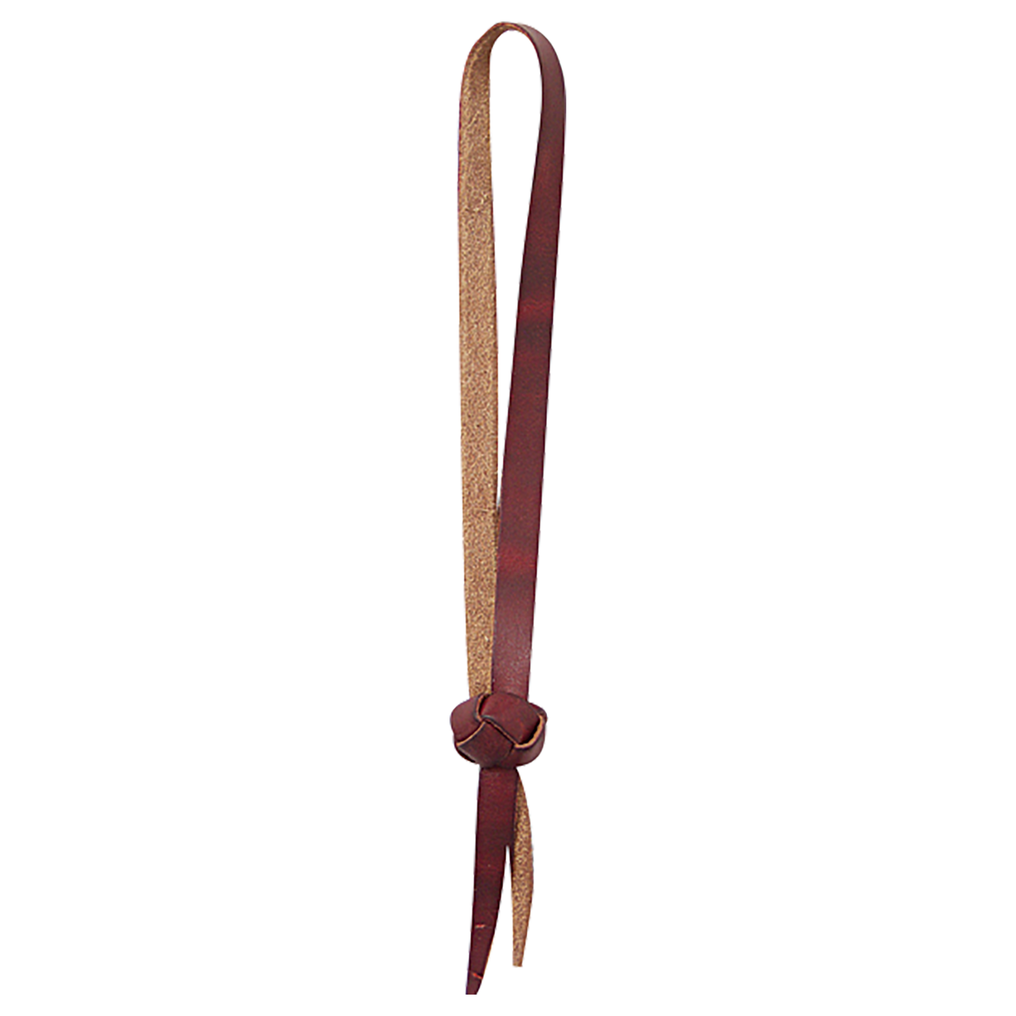 Tie-down hobble strap with button knot, seen hanging straight. The leather strap folds into a loop and closes with a woven button knot above short tails.