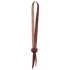 Tie-down hobble strap with button knot, seen hanging straight. The leather strap folds into a loop and closes with a woven button knot above short tails.