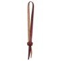 Tie-down hobble strap with button knot, seen hanging straight. The leather strap folds into a loop and closes with a woven button knot above short tails.