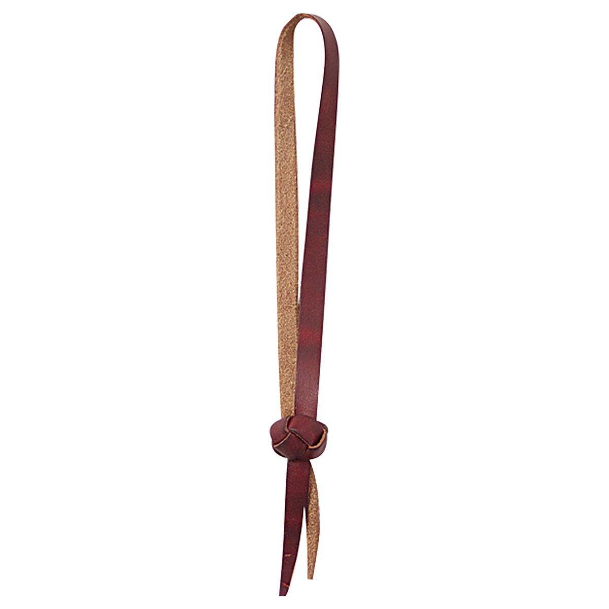 Tie-down hobble strap with button knot, seen hanging straight. The leather strap folds into a loop and closes with a woven button knot above short tails.