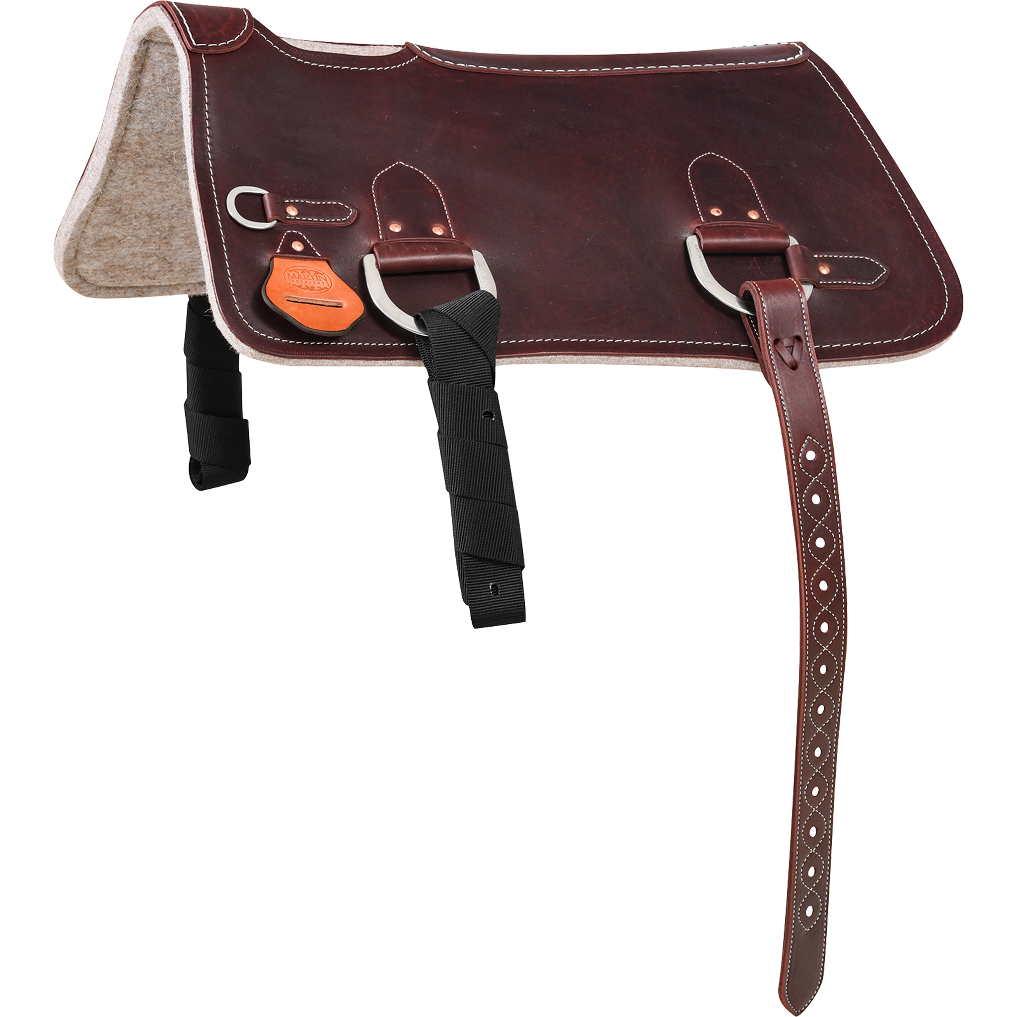 Training pad, seen from the side. Dark latigo leather covers a felt pad, with rings, a black off billet and a long stitched cinch billet hanging from the near side.