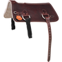 Training pad, seen from the side. Dark latigo leather covers a felt pad, with rings, a black off billet and a long stitched cinch billet hanging from the near side.