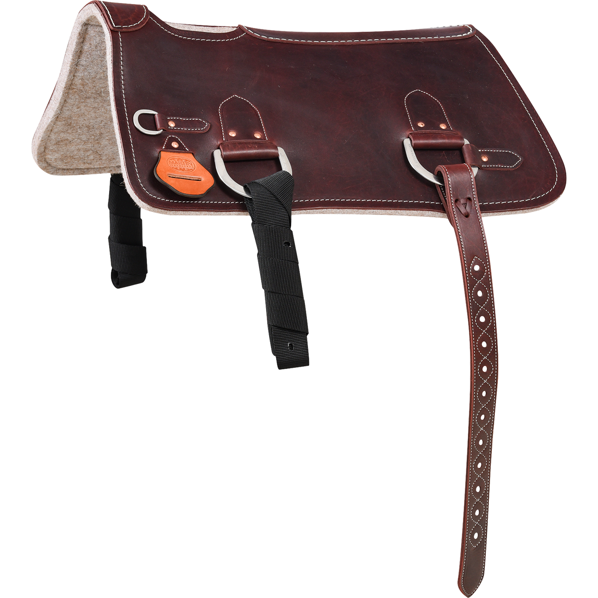 Training pad, seen from the side. Dark latigo leather covers a felt pad, with rings, a black off billet and a long stitched cinch billet hanging from the near side.