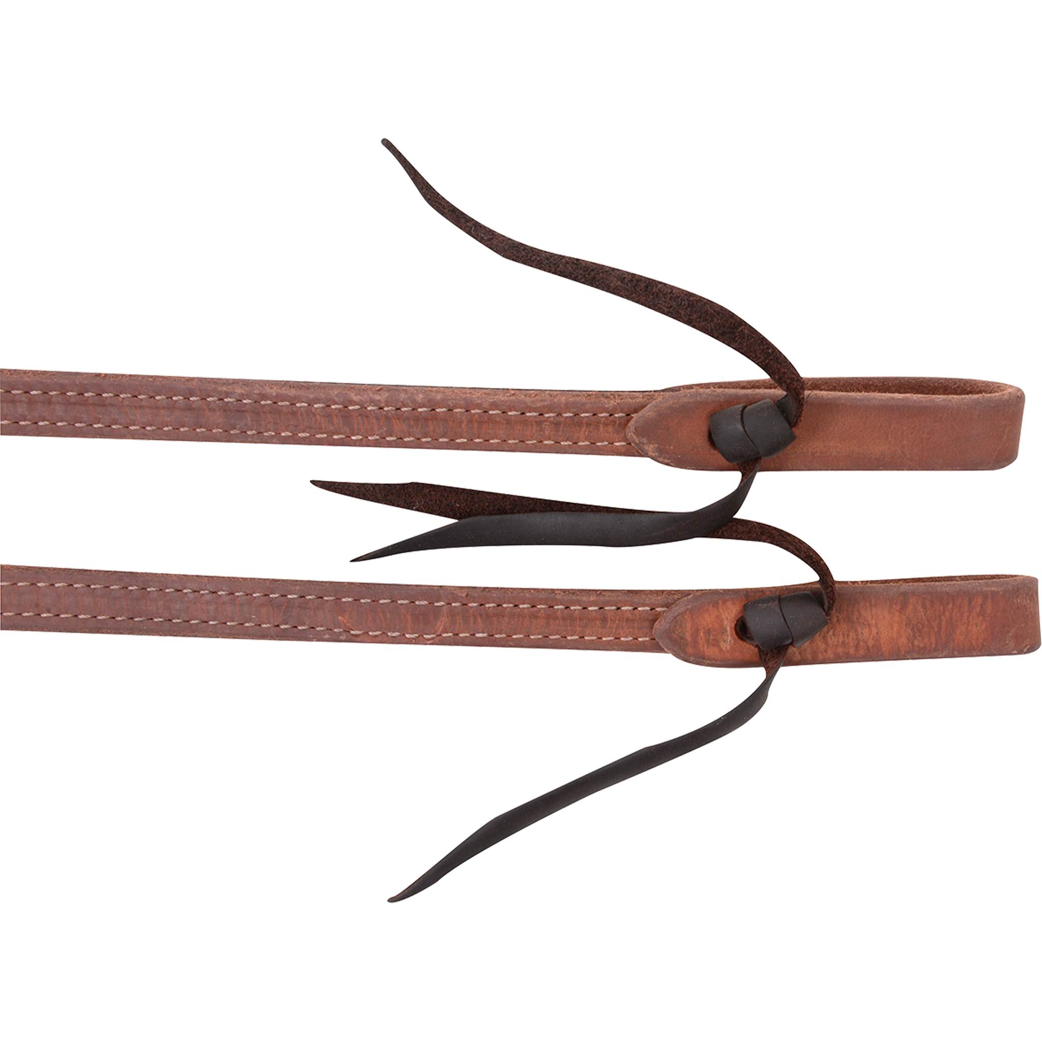 Tied ends of light harness split reins, seen up close. A row of white stitching runs down each rein to the folded end and its dark leather tie.