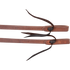 Tied ends of light harness split reins, seen up close. A row of white stitching runs down each rein to the folded end and its dark leather tie.
