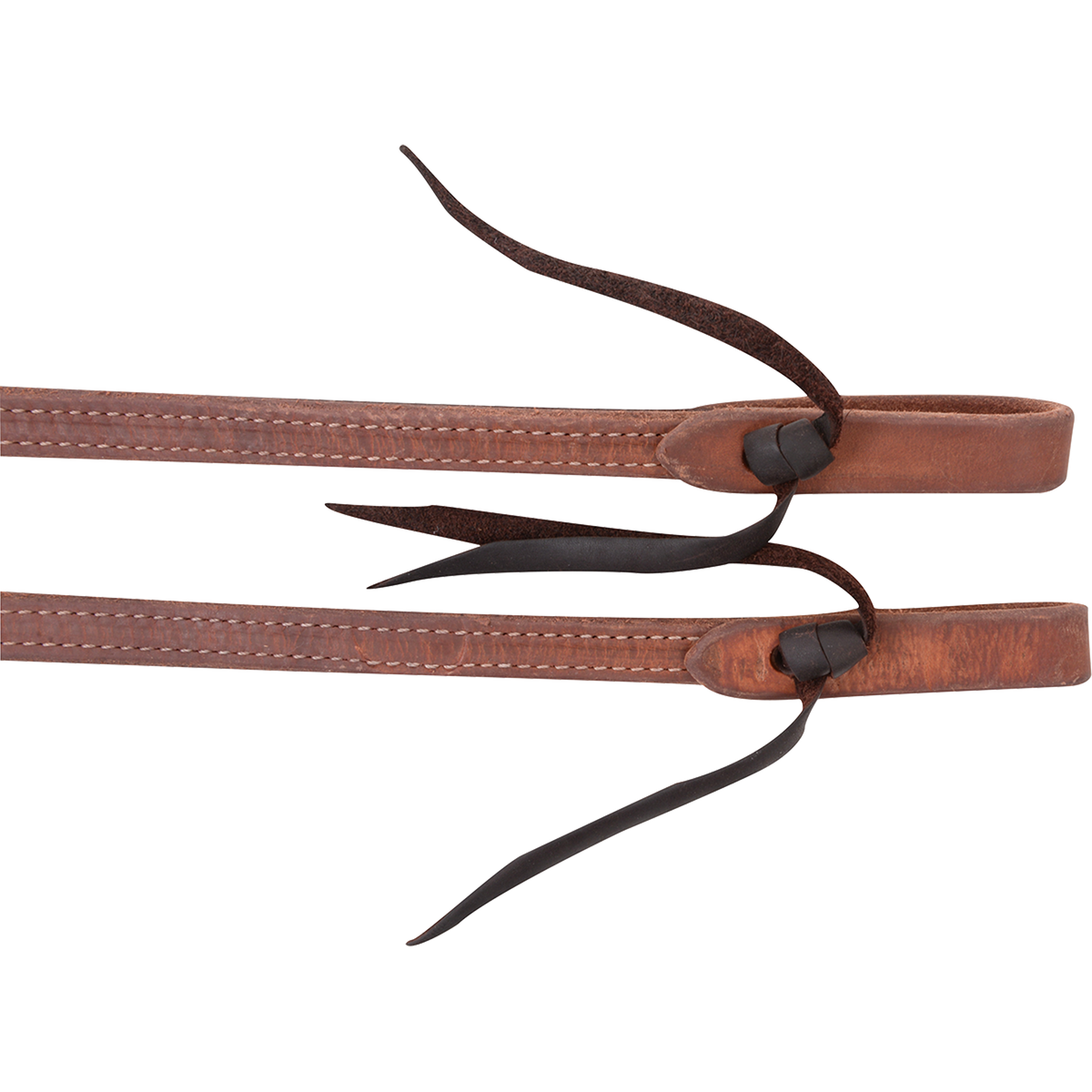 Tied ends of light harness split reins, seen up close. A row of white stitching runs down each rein to the folded end and its dark leather tie.