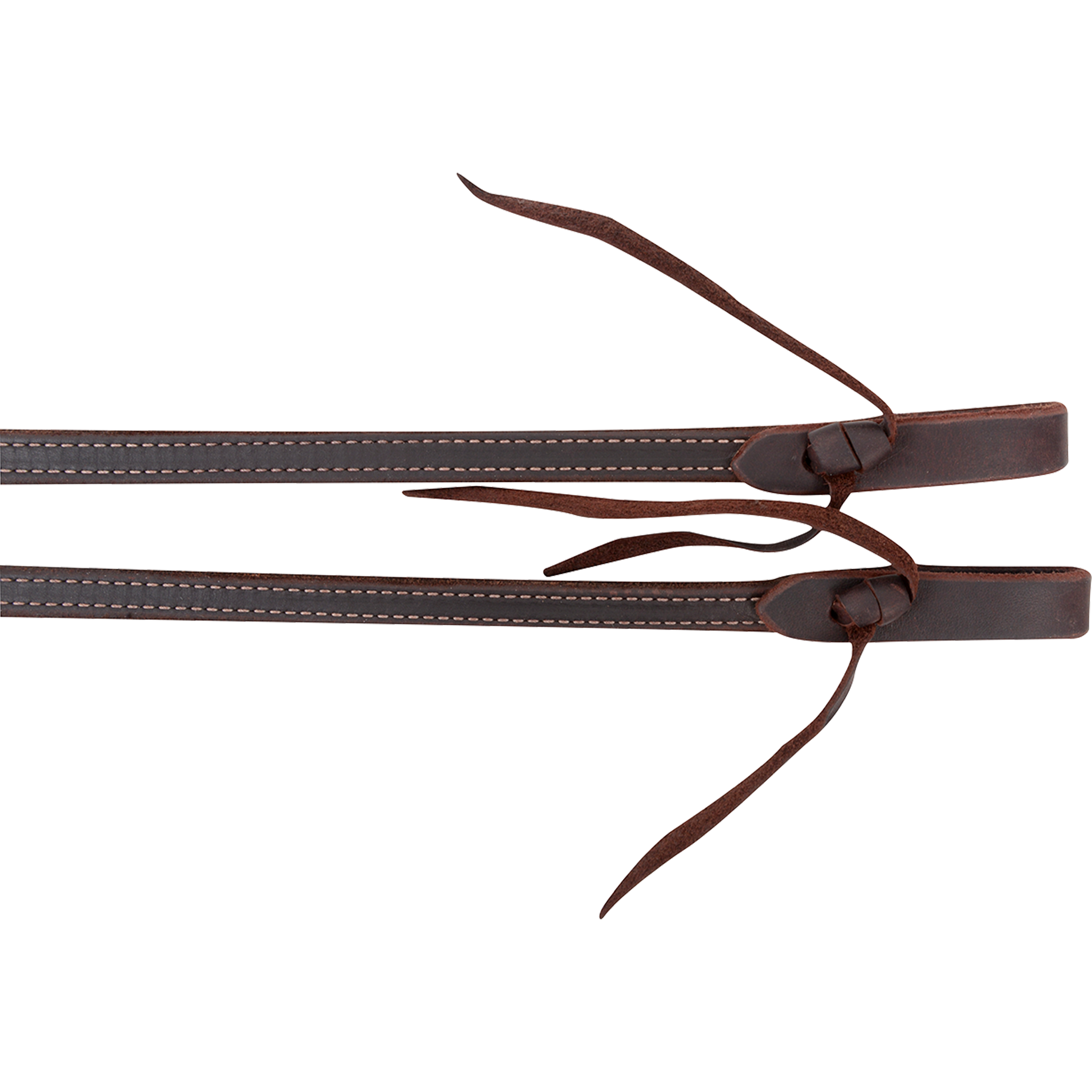 Tied ends of double-stitched light latigo split reins, seen up close. White stitching runs down the center of the dark latigo to the tied water loops.