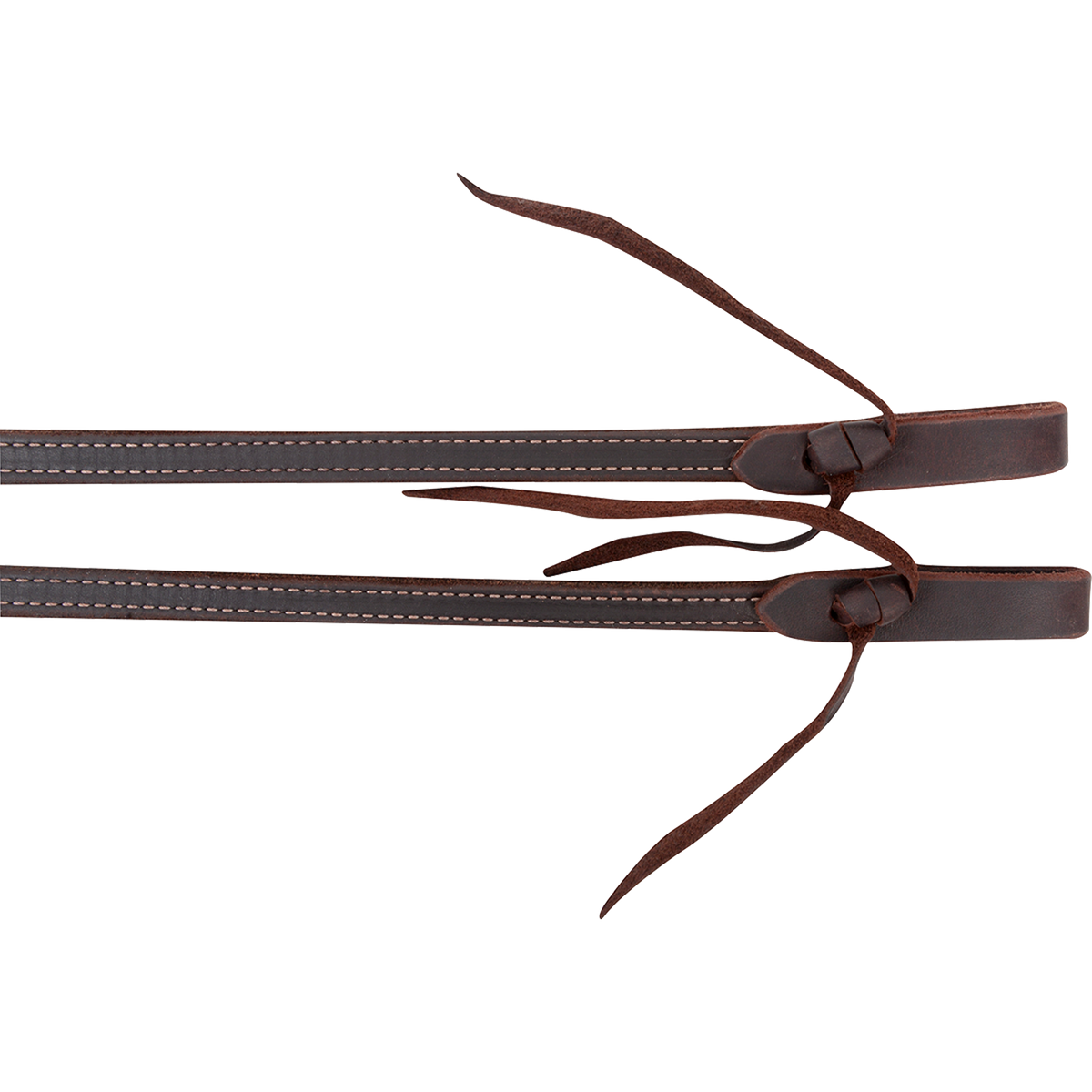 Tied ends of double-stitched light latigo split reins, seen up close. White stitching runs down the center of the dark latigo to the tied water loops.