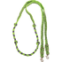 Lime green-purple braided barrel rein with knots, coiled and seen from above. The 1-inch braided nylon rein has purple strands woven through the lime green, knots along both sides, and buckles with snaps at the ends.