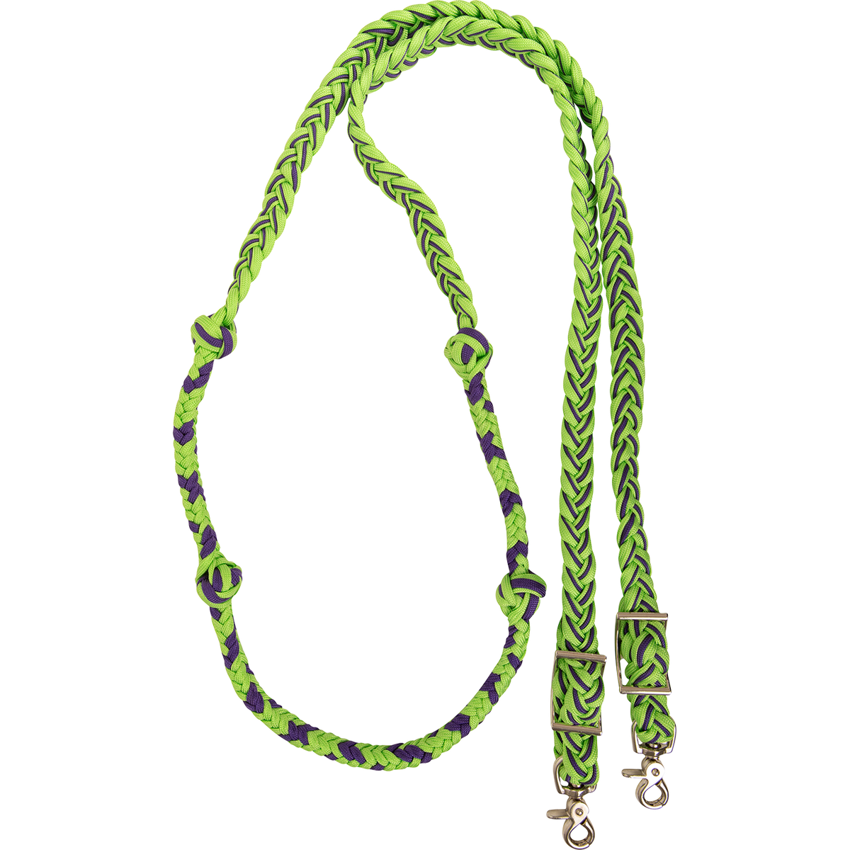 Lime green-purple braided barrel rein with knots, coiled and seen from above. The 1-inch braided nylon rein has purple strands woven through the lime green, knots along both sides, and buckles with snaps at the ends.