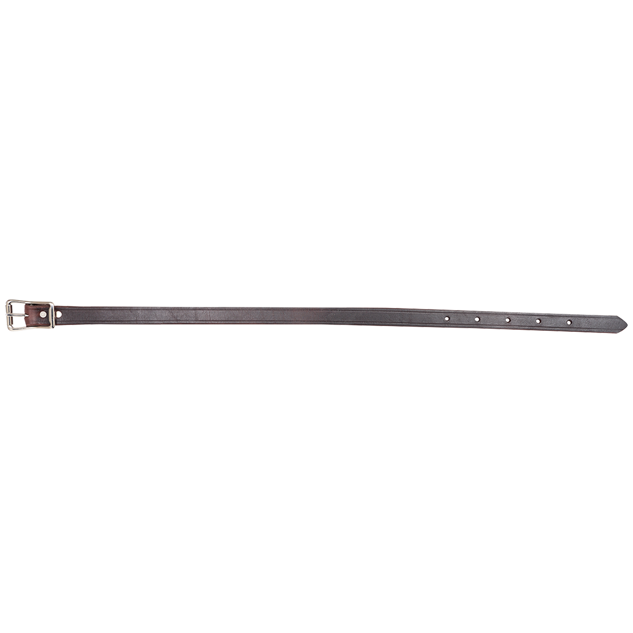 1-inch latigo breastcollar tug, laid out straight and seen from above. The dark latigo leather strap ends in a buckle, with adjustment holes near the pointed tip.