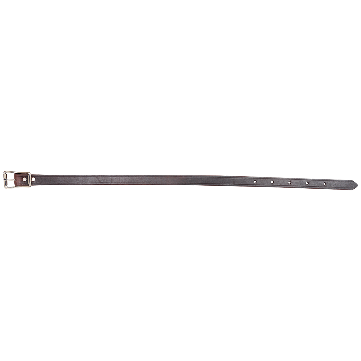 1-inch latigo breastcollar tug, laid out straight and seen from above. The dark latigo leather strap ends in a buckle, with adjustment holes near the pointed tip.