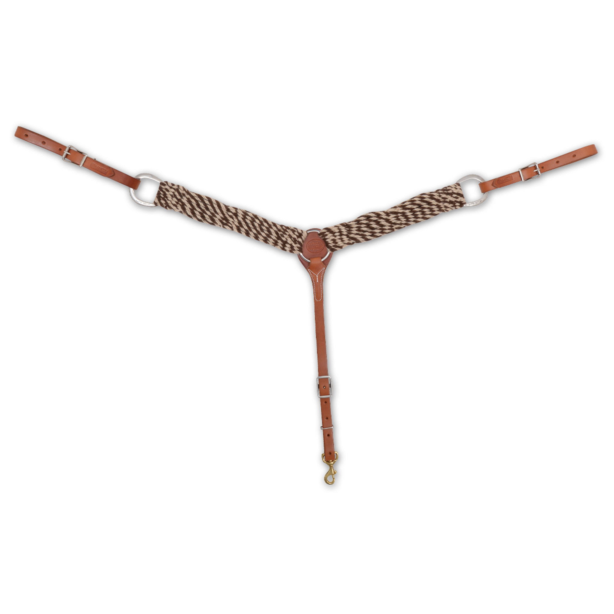 Mohair alpaca breastcollar from Martin Saddlery, seen from the front in full. The 2-inch shoulder straps are strands of brown and cream natural fiber joined to leather at a center ring, with buckled tug straps at each side and a tie-down strap ending in a snap.