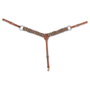 Mohair alpaca breastcollar from Martin Saddlery, seen from the front in full. The 2-inch shoulder straps are strands of brown and cream natural fiber joined to leather at a center ring, with buckled tug straps at each side and a tie-down strap ending in a snap.