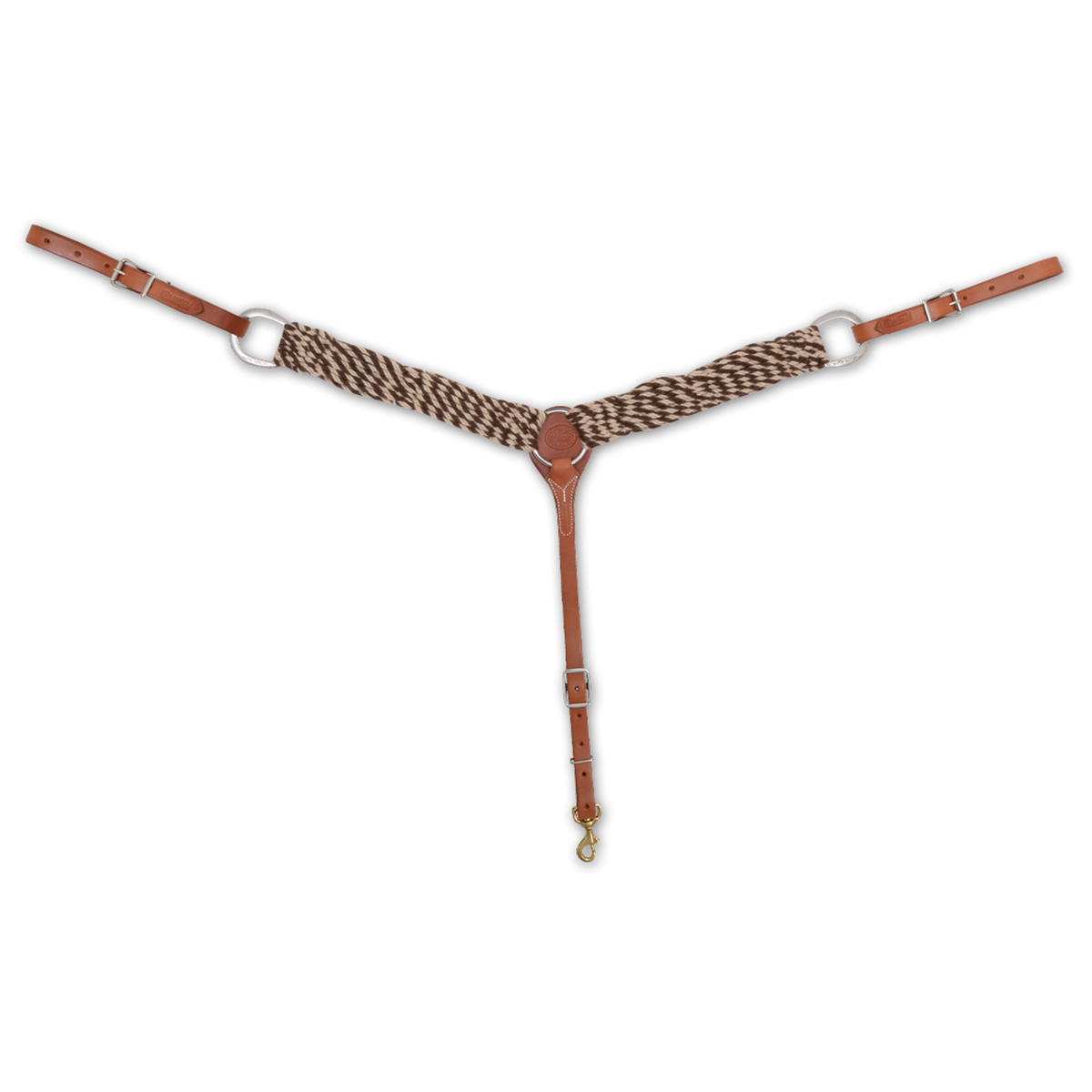 Mohair alpaca breastcollar from Martin Saddlery, seen from the front in full. The 2-inch shoulder straps are strands of brown and cream natural fiber joined to leather at a center ring, with buckled tug straps at each side and a tie-down strap ending in a snap.