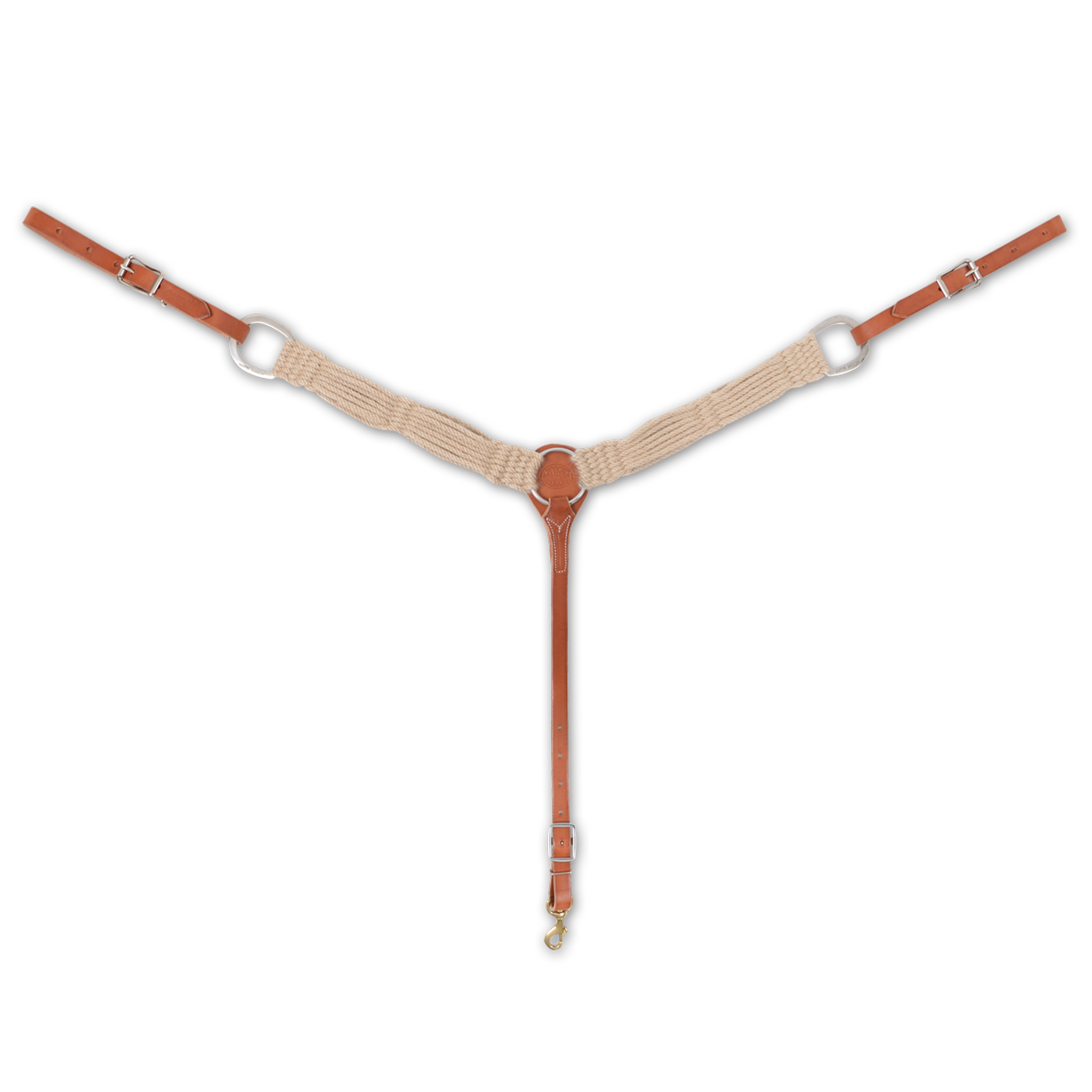 Mohair breastcollar from Martin Saddlery, seen from the front in full. Cream mohair strands form the 2-inch shoulder straps, joined to leather at a center ring, with buckled tug straps at each side and a tie-down strap ending in a snap.