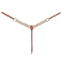 Mohair breastcollar from Martin Saddlery, seen from the front in full. Cream mohair strands form the 2-inch shoulder straps, joined to leather at a center ring, with buckled tug straps at each side and a tie-down strap ending in a snap.