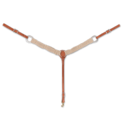 Mohair breastcollar from Martin Saddlery, seen from the front in full. Cream mohair strands form the 2-inch shoulder straps, joined to leather at a center ring, with buckled tug straps at each side and a tie-down strap ending in a snap.