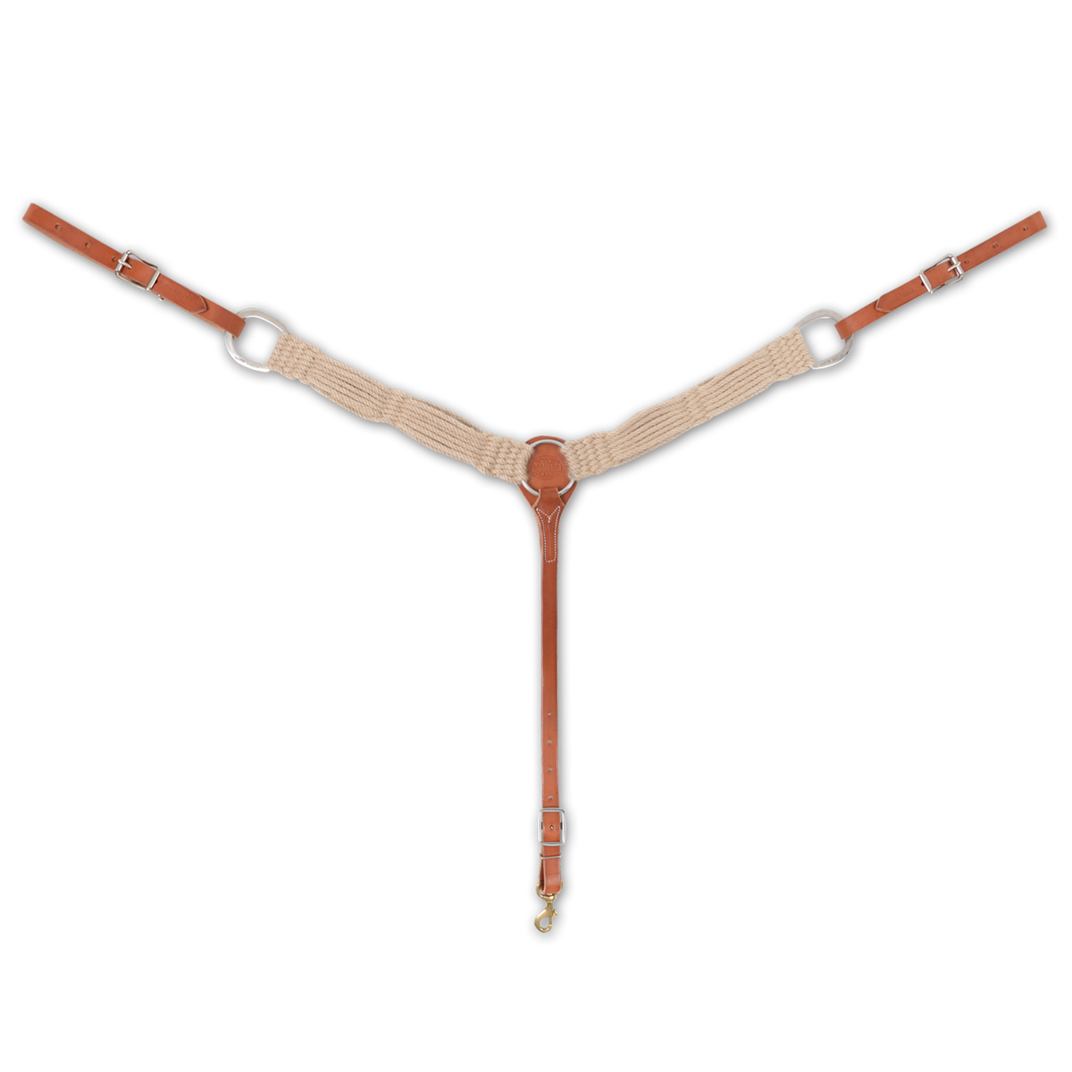 Mohair breastcollar from Martin Saddlery, seen from the front in full. Cream mohair strands form the 2-inch shoulder straps, joined to leather at a center ring, with buckled tug straps at each side and a tie-down strap ending in a snap.