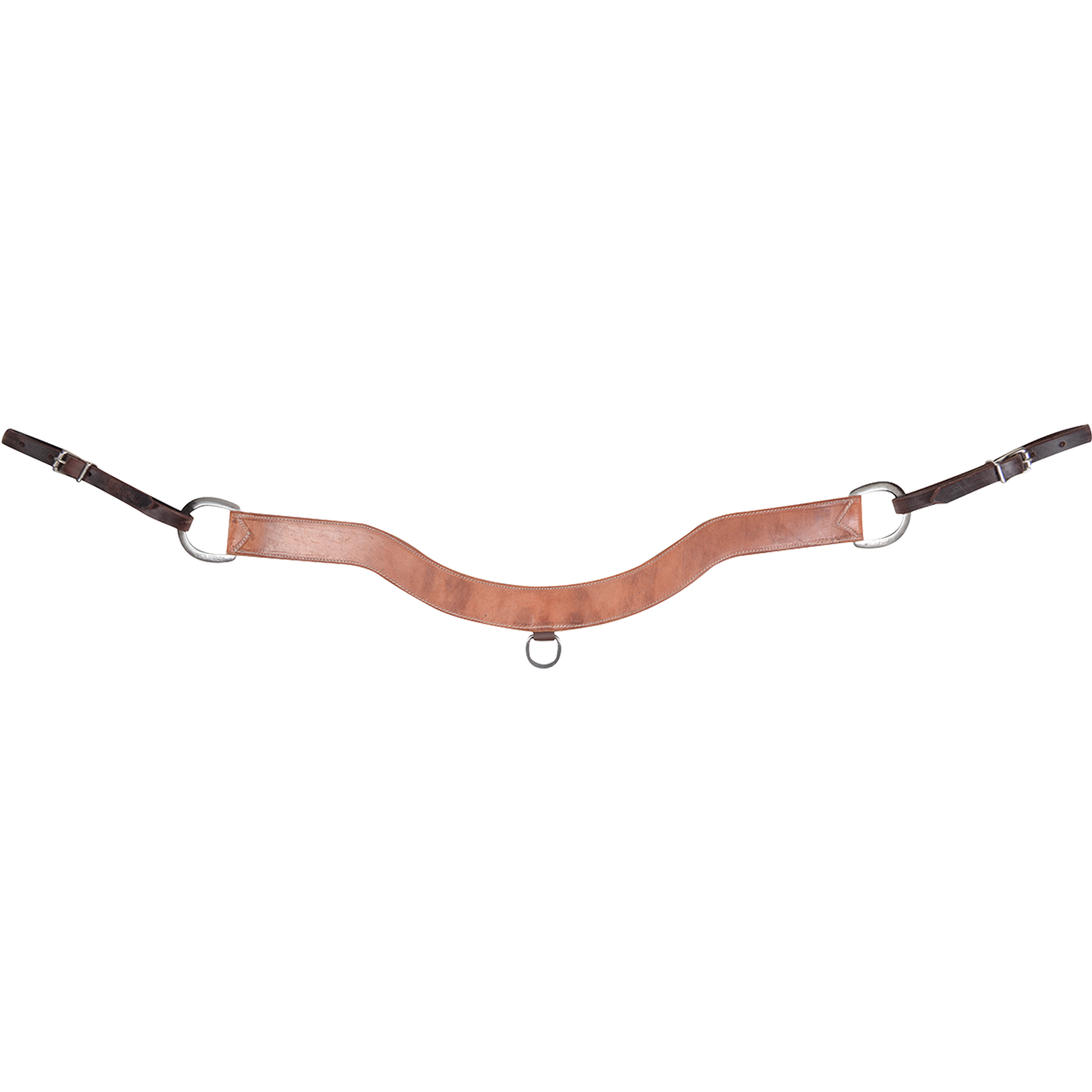 Steer roper breastcollar in harness leather, seen from the front. The 2-inch contoured strap dips at the center above a small ring, with larger rings and dark buckled tug straps at each end.