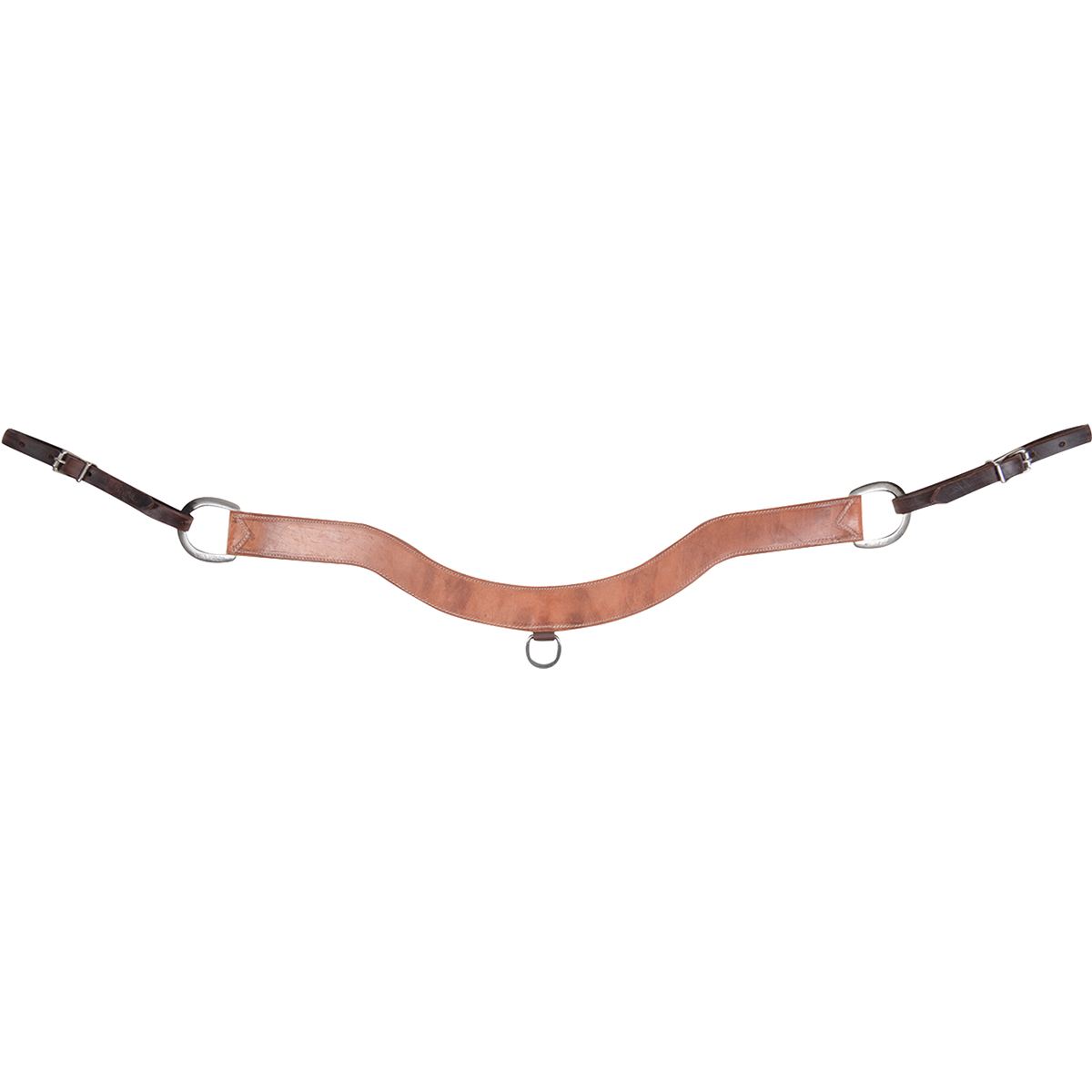 Steer roper breastcollar in harness leather, seen from the front. The 2-inch contoured strap dips at the center above a small ring, with larger rings and dark buckled tug straps at each end.