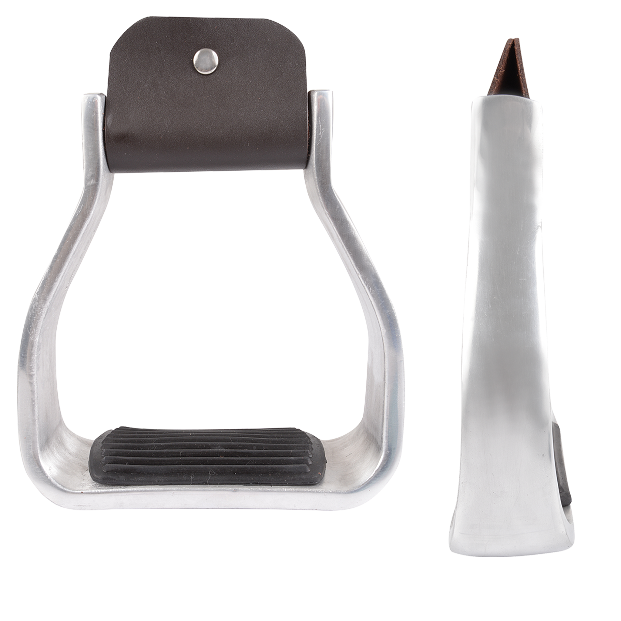 2-inch wide aluminum bell stirrups from Martin Saddlery, shown from the front and from the side. The smooth aluminum has a ribbed rubber tread insert and a dark leather cover over the top bolt.