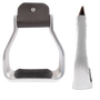2-inch wide aluminum bell stirrups from Martin Saddlery, shown from the front and from the side. The smooth aluminum has a ribbed rubber tread insert and a dark leather cover over the top bolt.