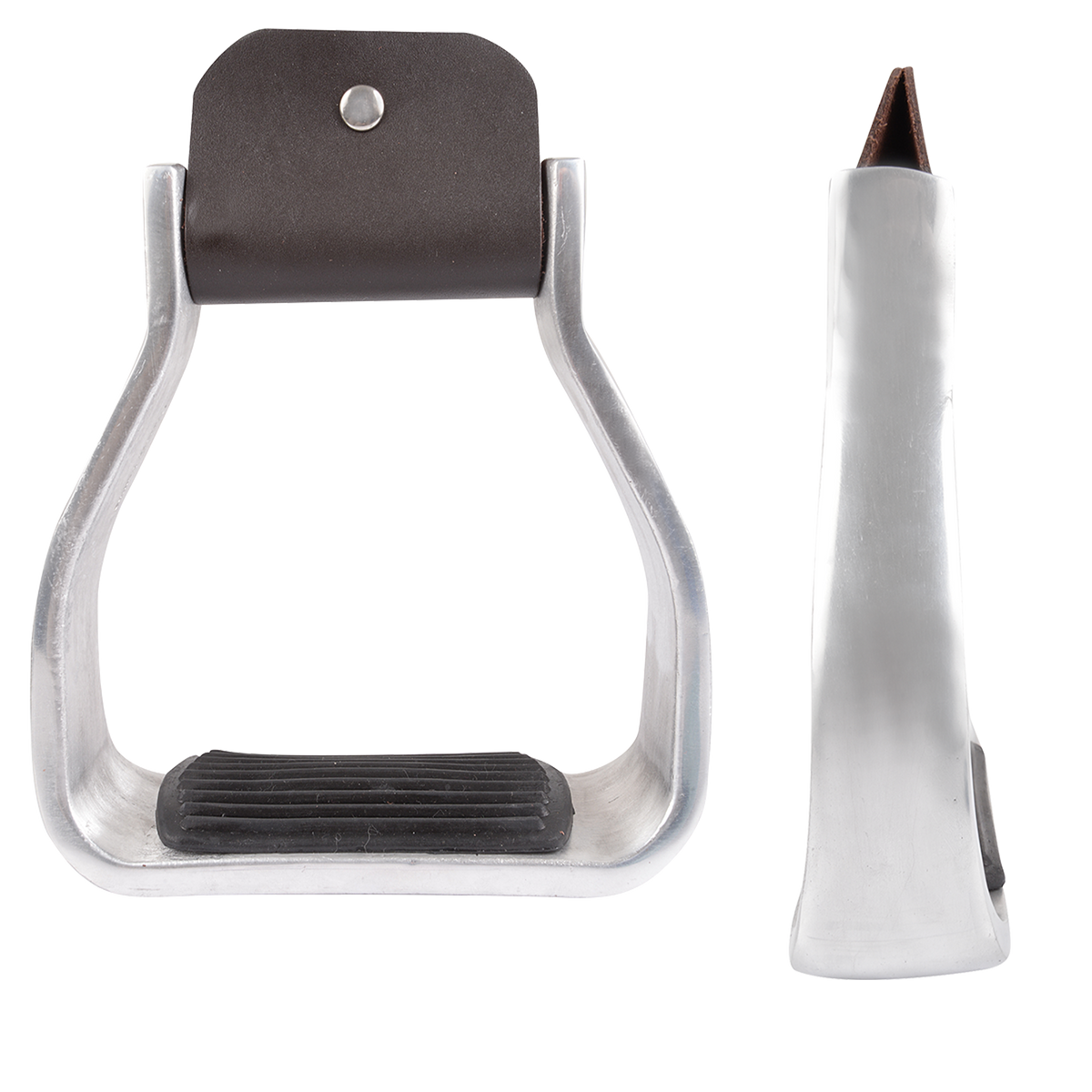 2-inch wide aluminum bell stirrups from Martin Saddlery, shown from the front and from the side. The smooth aluminum has a ribbed rubber tread insert and a dark leather cover over the top bolt.