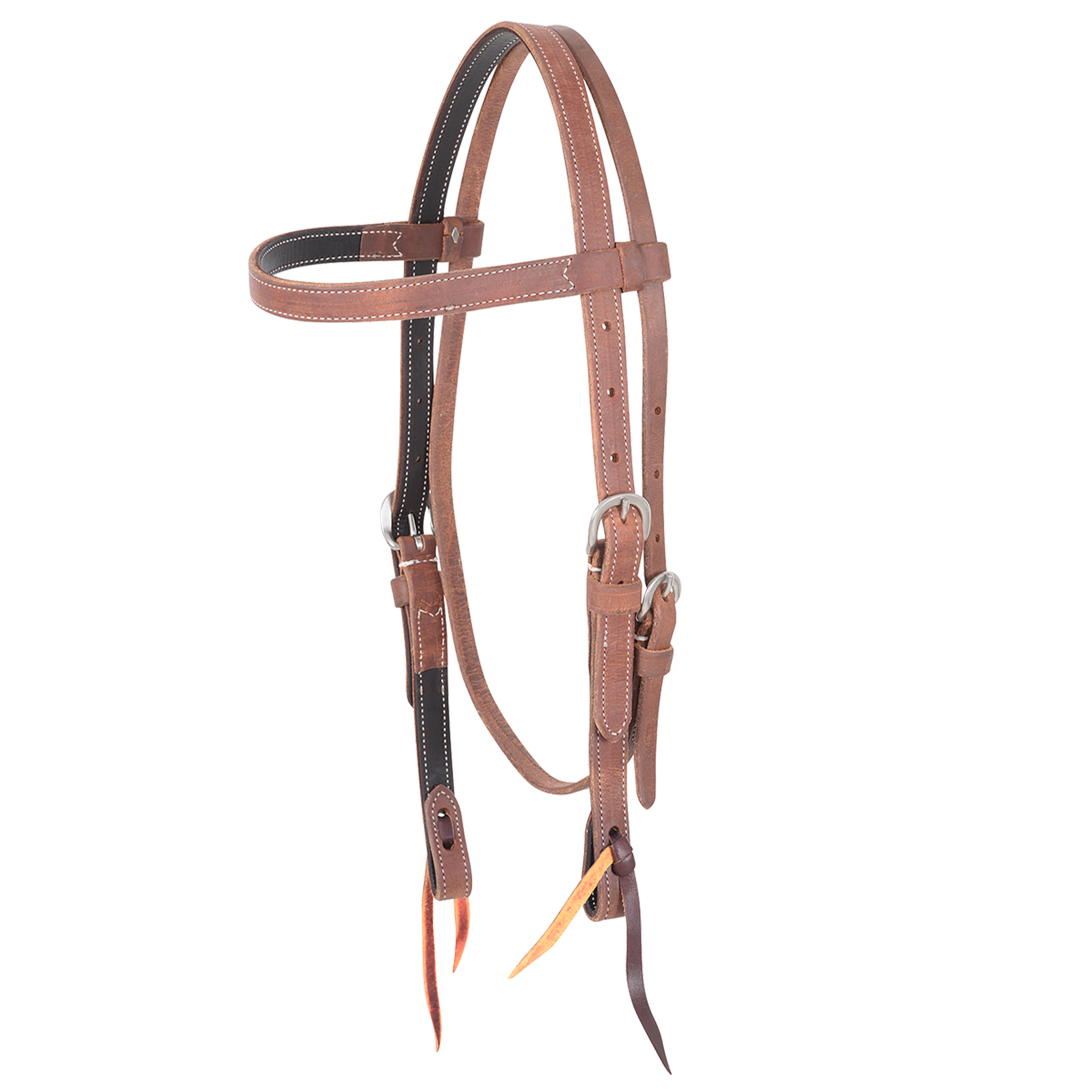Harness leather browband headstall seen from the front quarter. The 3/4-inch double-stitched straps are lined with dark latigo and fitted with buckles at the cheeks and bit ties at the ends.