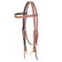 Harness leather browband headstall seen from the front quarter. The 3/4-inch double-stitched straps are lined with dark latigo and fitted with buckles at the cheeks and bit ties at the ends.