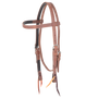 Harness leather browband headstall seen from the front quarter. The 3/4-inch double-stitched straps are lined with dark latigo and fitted with buckles at the cheeks and bit ties at the ends.