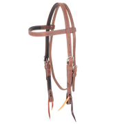 Harness leather browband headstall seen from the front quarter. The 3/4-inch double-stitched straps are lined with dark latigo and fitted with buckles at the cheeks and bit ties at the ends.