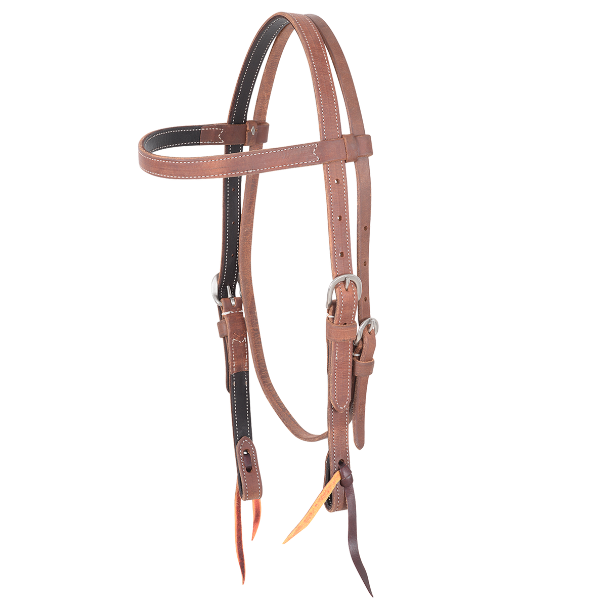 Harness leather browband headstall seen from the front quarter. The 3/4-inch double-stitched straps are lined with dark latigo and fitted with buckles at the cheeks and bit ties at the ends.
