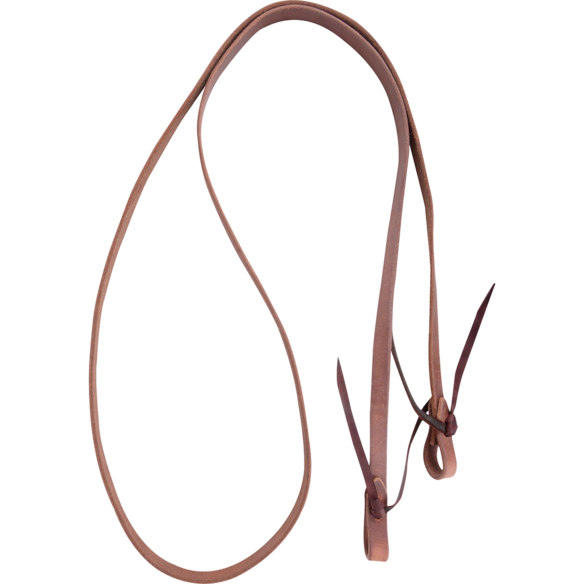 3/4-inch harness leather roping rein with tied ends, looped and seen from above. Water loops with leather ties finish each end of the Hermann Oak harness leather.