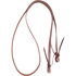 3/4-inch harness leather roping rein with tied ends, looped and seen from above. Water loops with leather ties finish each end of the Hermann Oak harness leather.