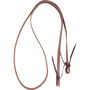 3/4-inch harness leather roping rein with tied ends, looped and seen from above. Water loops with leather ties finish each end of the Hermann Oak harness leather.