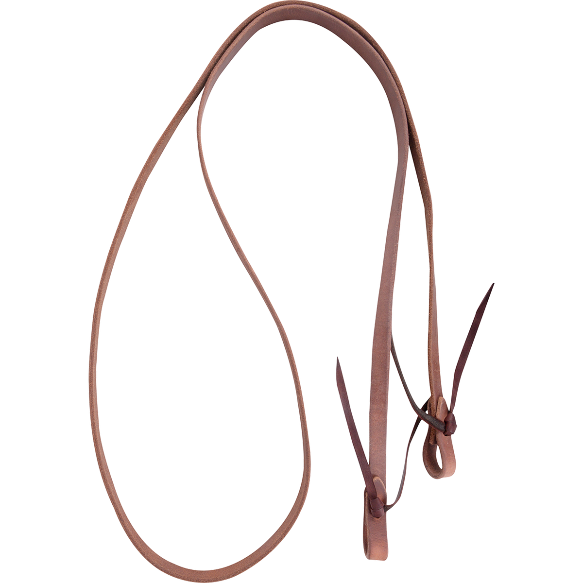 3/4-inch harness leather roping rein with tied ends, looped and seen from above. Water loops with leather ties finish each end of the Hermann Oak harness leather.