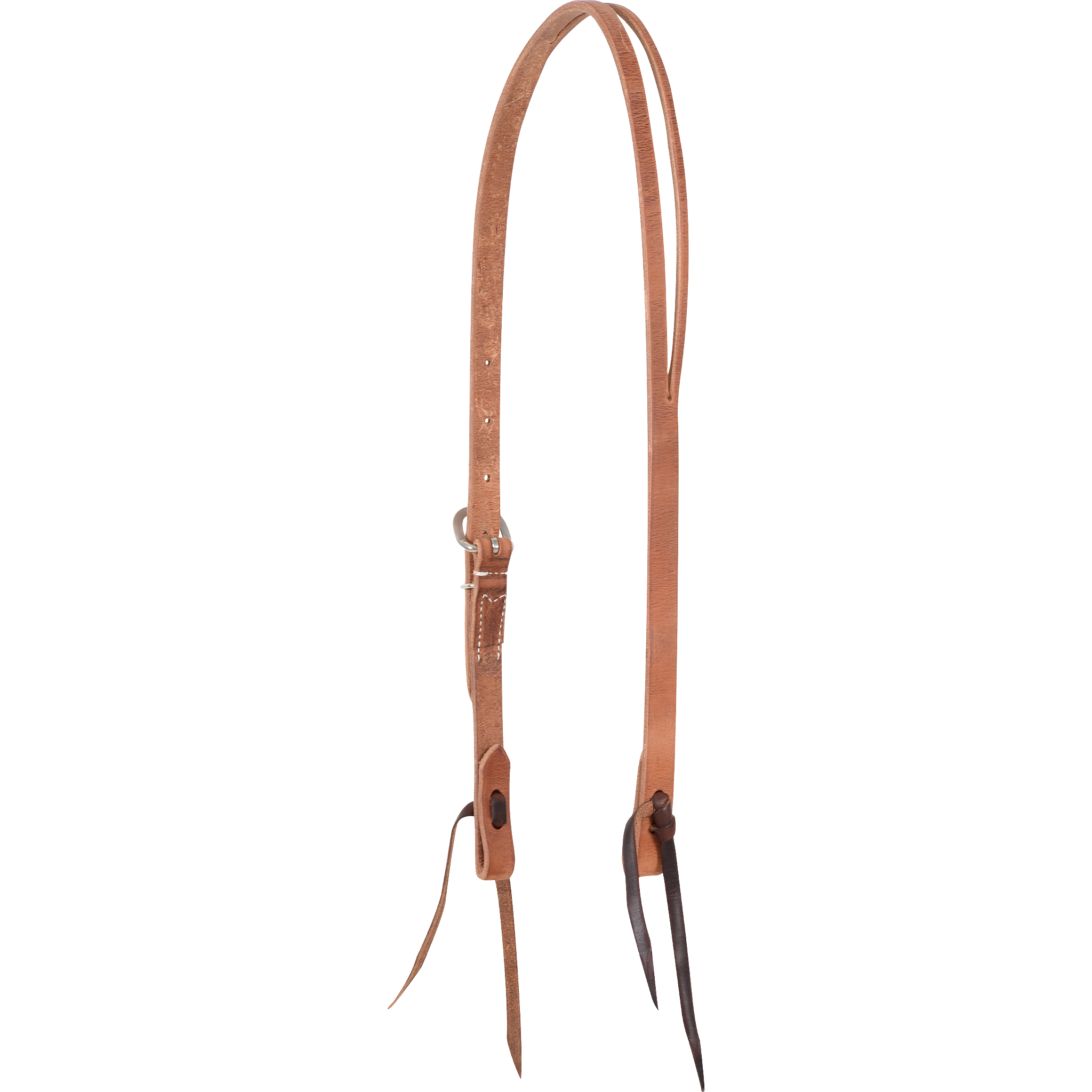 Natural harness leather split ear headstall from Martin Saddlery, seen from the off side. The 3/4-inch strap splits at the crown for the ear, with a single buckle for length and dark leather bit ties.
