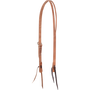 Natural harness leather split ear headstall from Martin Saddlery, seen from the off side. The 3/4-inch strap splits at the crown for the ear, with a single buckle for length and dark leather bit ties.
