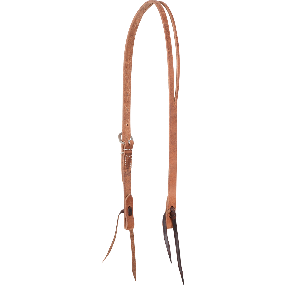 Natural harness leather split ear headstall from Martin Saddlery, seen from the off side. The 3/4-inch strap splits at the crown for the ear, with a single buckle for length and dark leather bit ties.