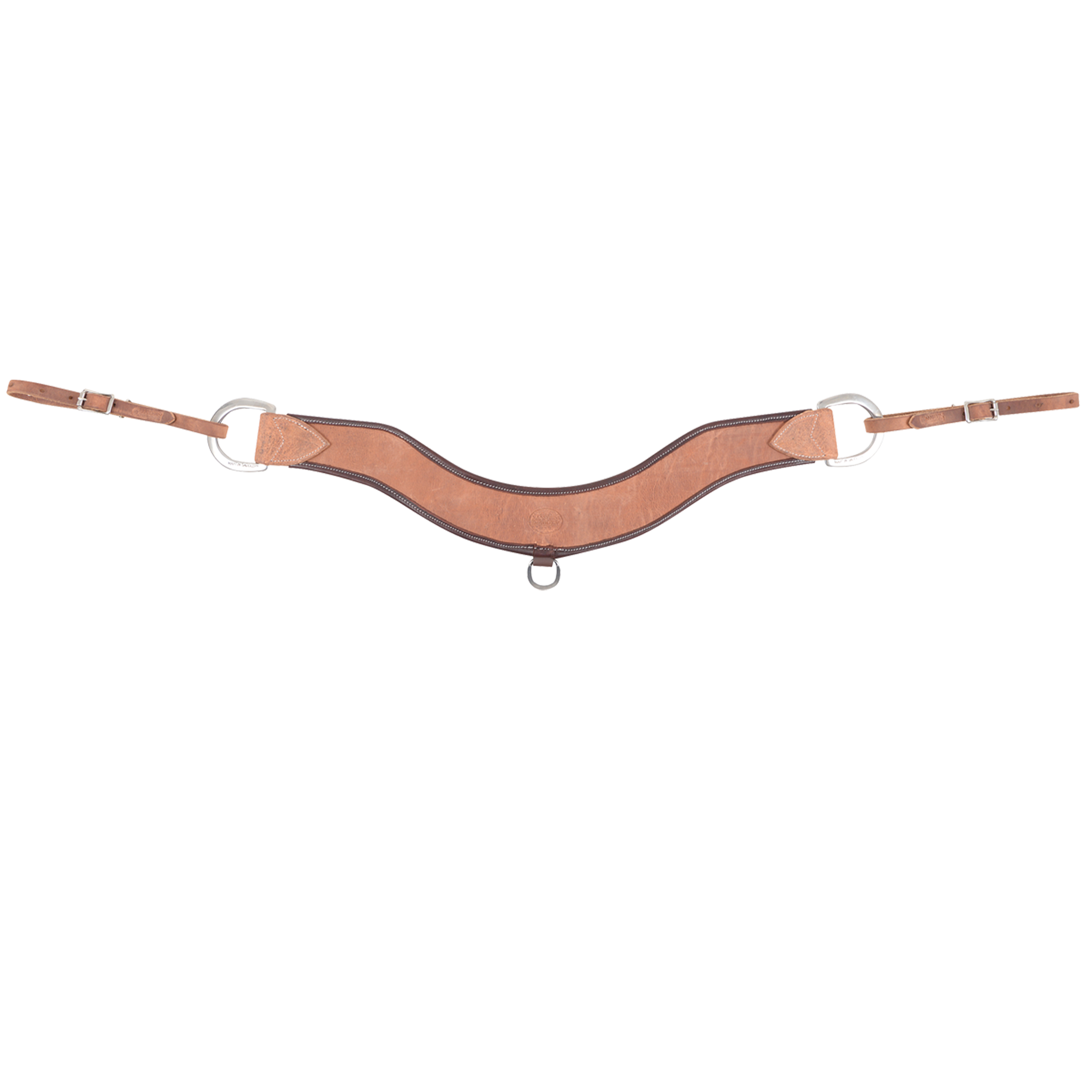 Steer roper breastcollar in harness leather with latigo wrap, seen from the front. The 3-inch contoured strap has dark latigo edges, a small ring at the center, and rings with buckled tug straps at both ends.