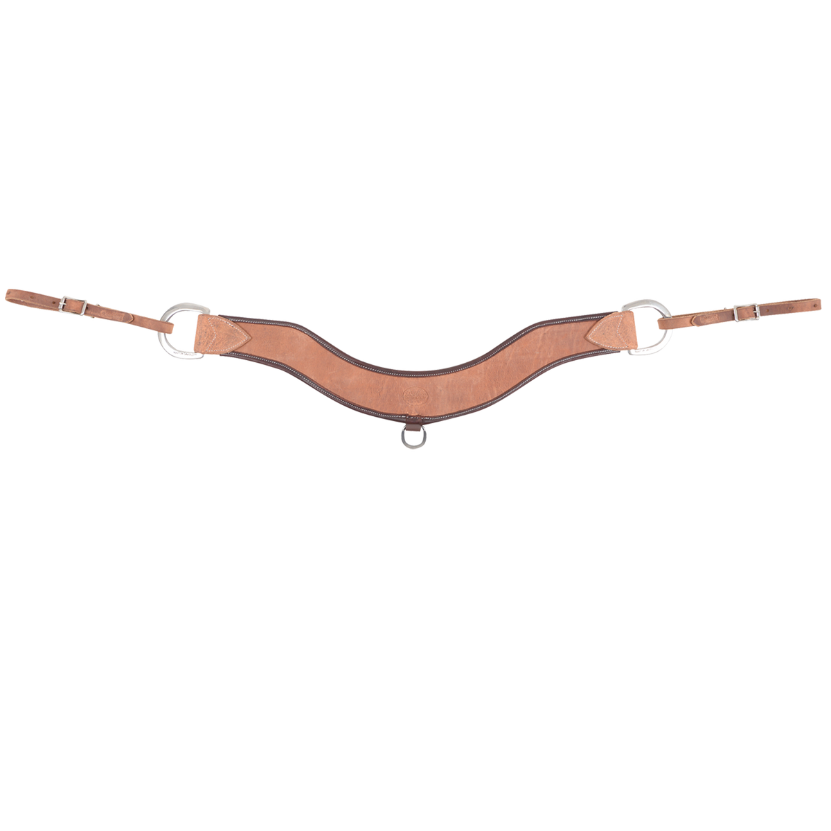 Steer roper breastcollar in harness leather with latigo wrap, seen from the front. The 3-inch contoured strap has dark latigo edges, a small ring at the center, and rings with buckled tug straps at both ends.