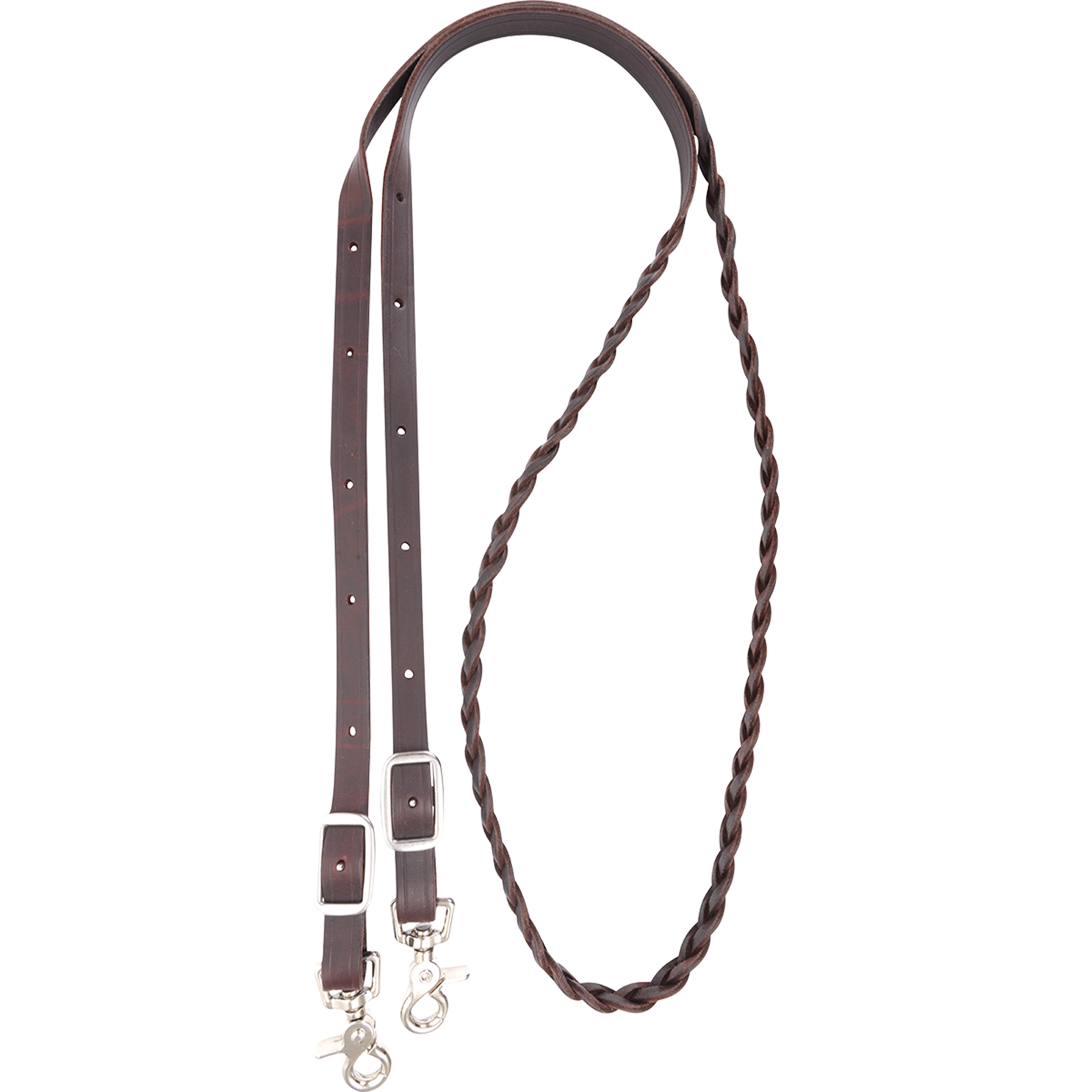 5/8-inch braided latigo roping rein, looped and seen from above. A 3 plait braid forms the hand section, with flat latigo ends, buckles and snaps.