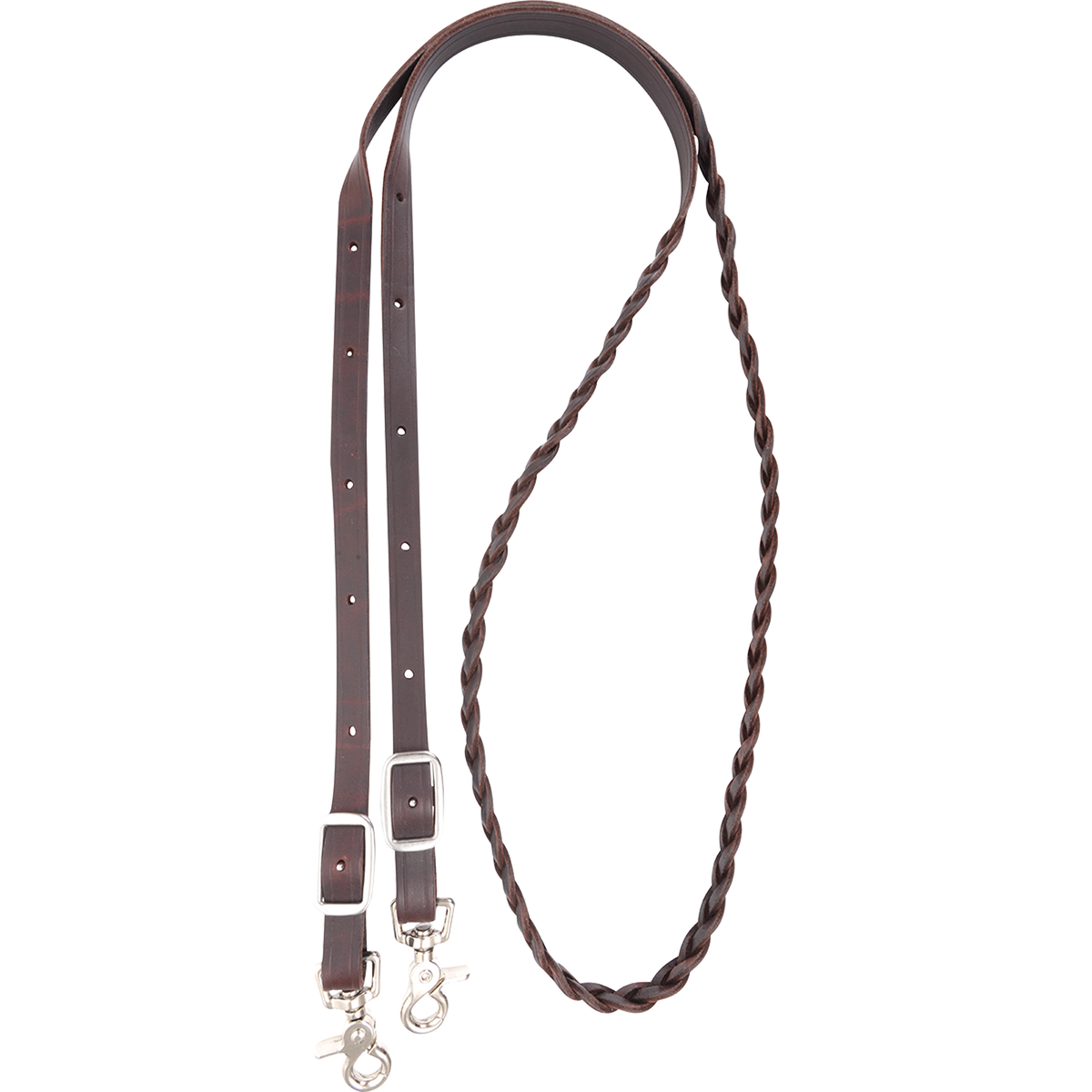 5/8-inch braided latigo roping rein, looped and seen from above. A 3 plait braid forms the hand section, with flat latigo ends, buckles and snaps.