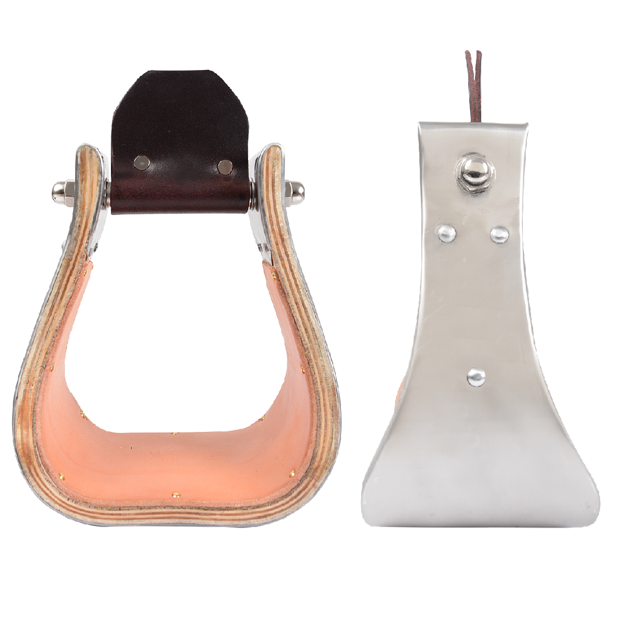 4-inch Monel stirrups from Martin Saddlery, shown from the front and from the side. Stainless steel binds the laminated wood, with a leather tread across the wide base.