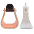 4-inch Monel stirrups from Martin Saddlery, shown from the front and from the side. Stainless steel binds the laminated wood, with a leather tread across the wide base.