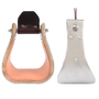 4-inch Monel stirrups from Martin Saddlery, shown from the front and from the side. Stainless steel binds the laminated wood, with a leather tread across the wide base.