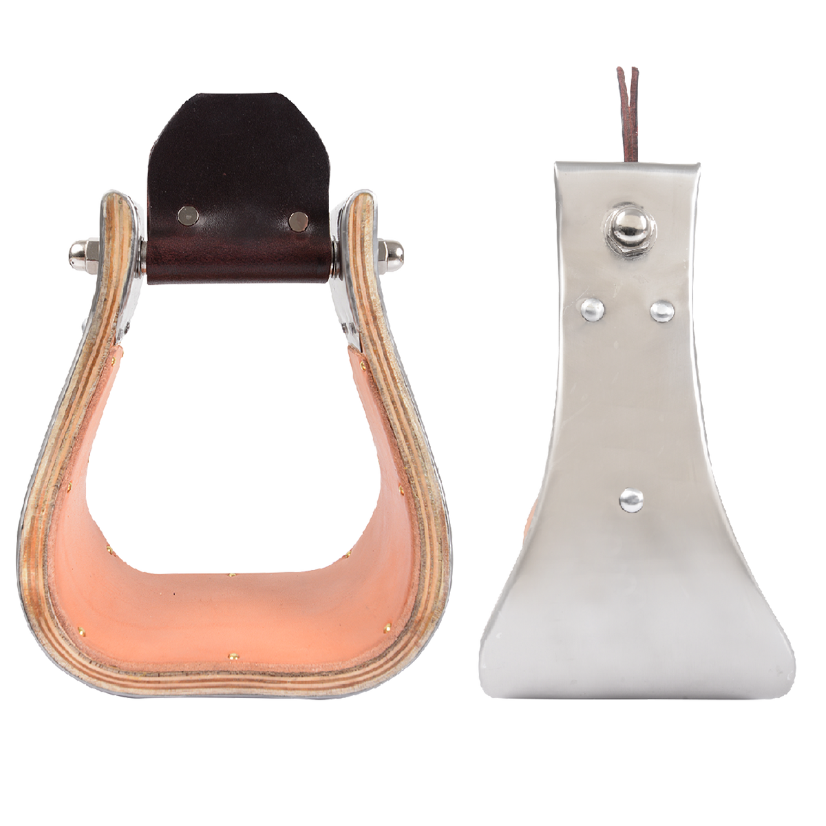 4-inch Monel stirrups from Martin Saddlery, shown from the front and from the side. Stainless steel binds the laminated wood, with a leather tread across the wide base.